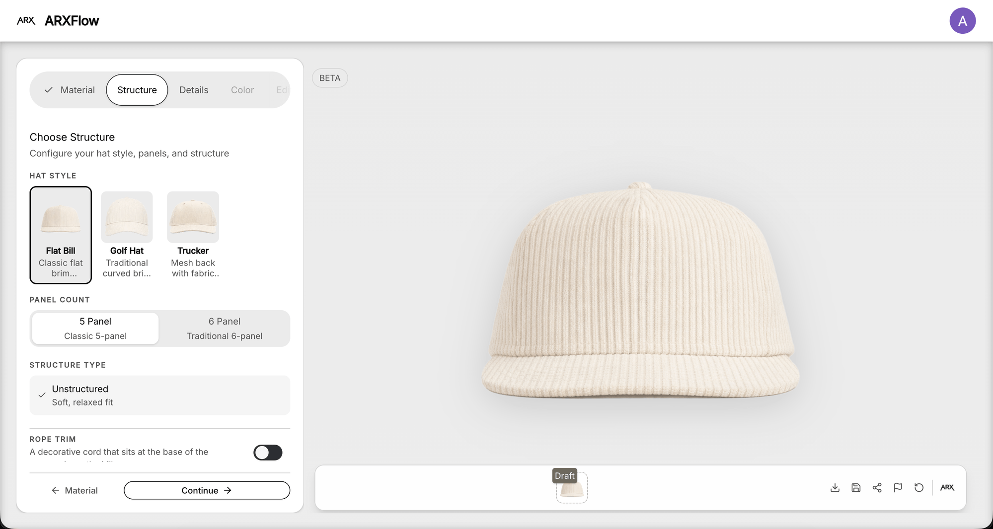 ArxFlow Structure step — pick hat style, panel count, structure, and rope trim